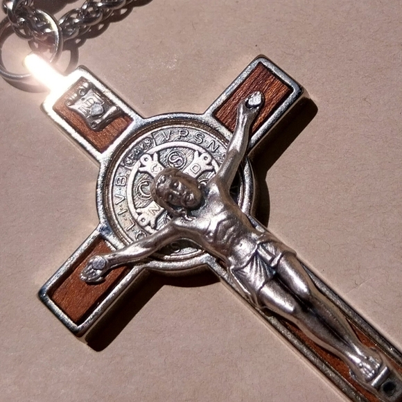 Silver & Brown Crucifix Pendant Necklace - Picture 8 of 10